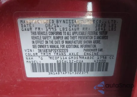 2016 Nissan Sentra Sv from USA, damaged, VIN 3N1AB7AP7GY322379